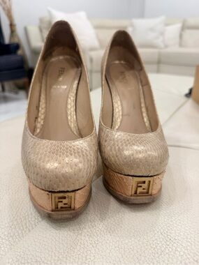 Fendi Nude Snakeskin Platform Pumps with Gold FF Accent
